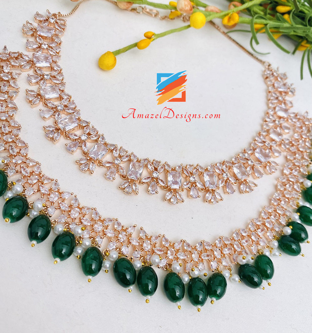 Emerald Green American Diamond AD Double Necklace Earring Tikka Passa Hand Pieces Set