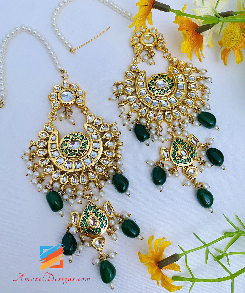 Emerald Green Kundan Chandbali Earrings Tikka Set