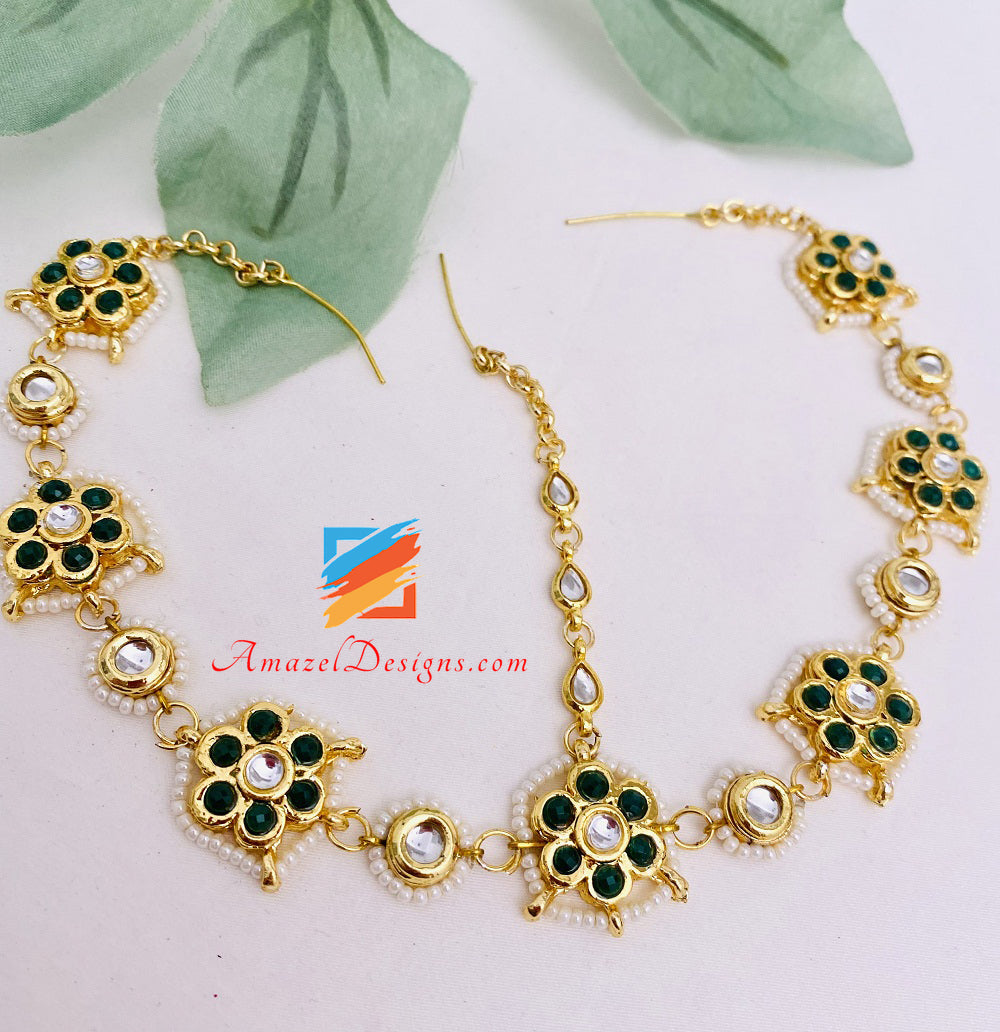 Fascia per capelli Kundan verde smeraldo Sheesh Phool