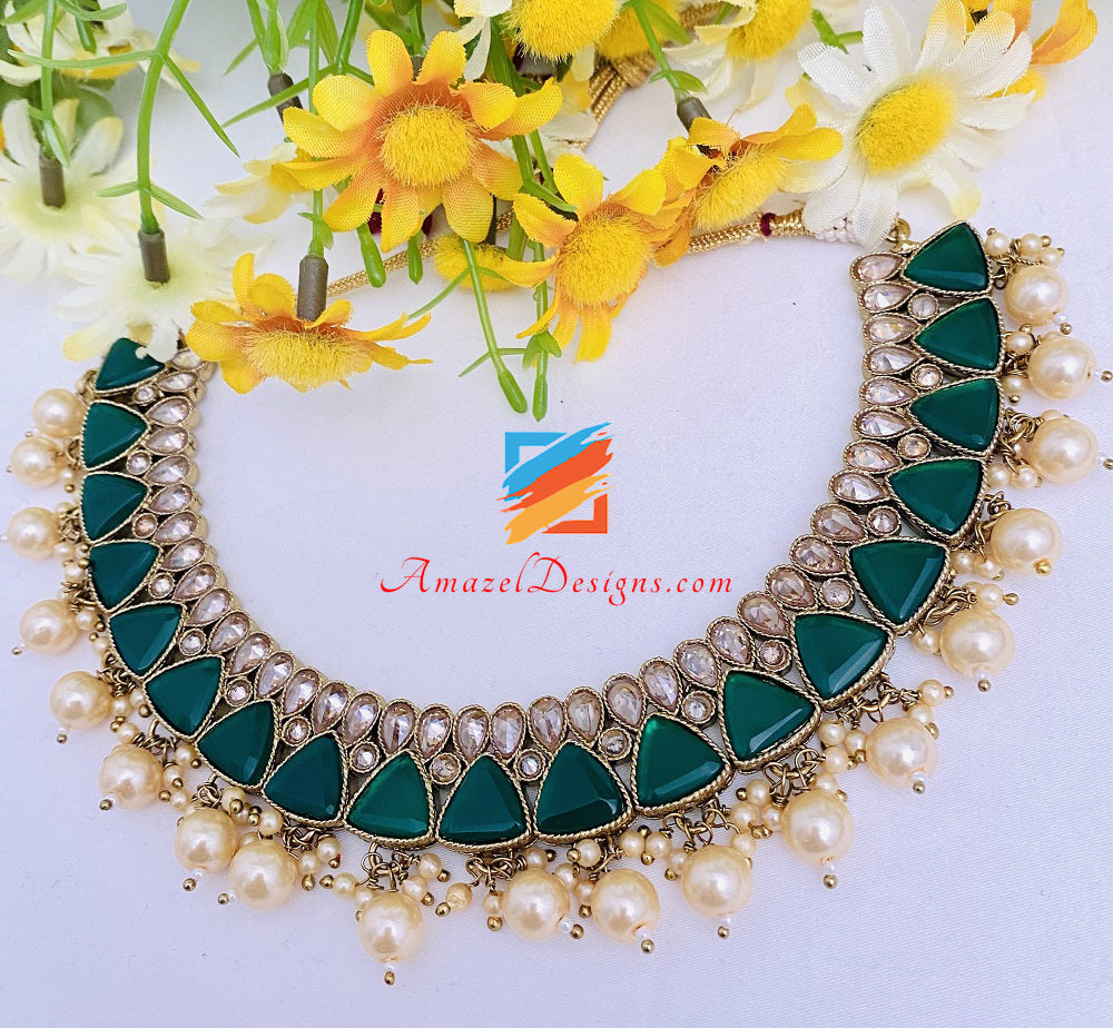 Set Tikka orecchini collana Monalisa Polki verde smeraldo