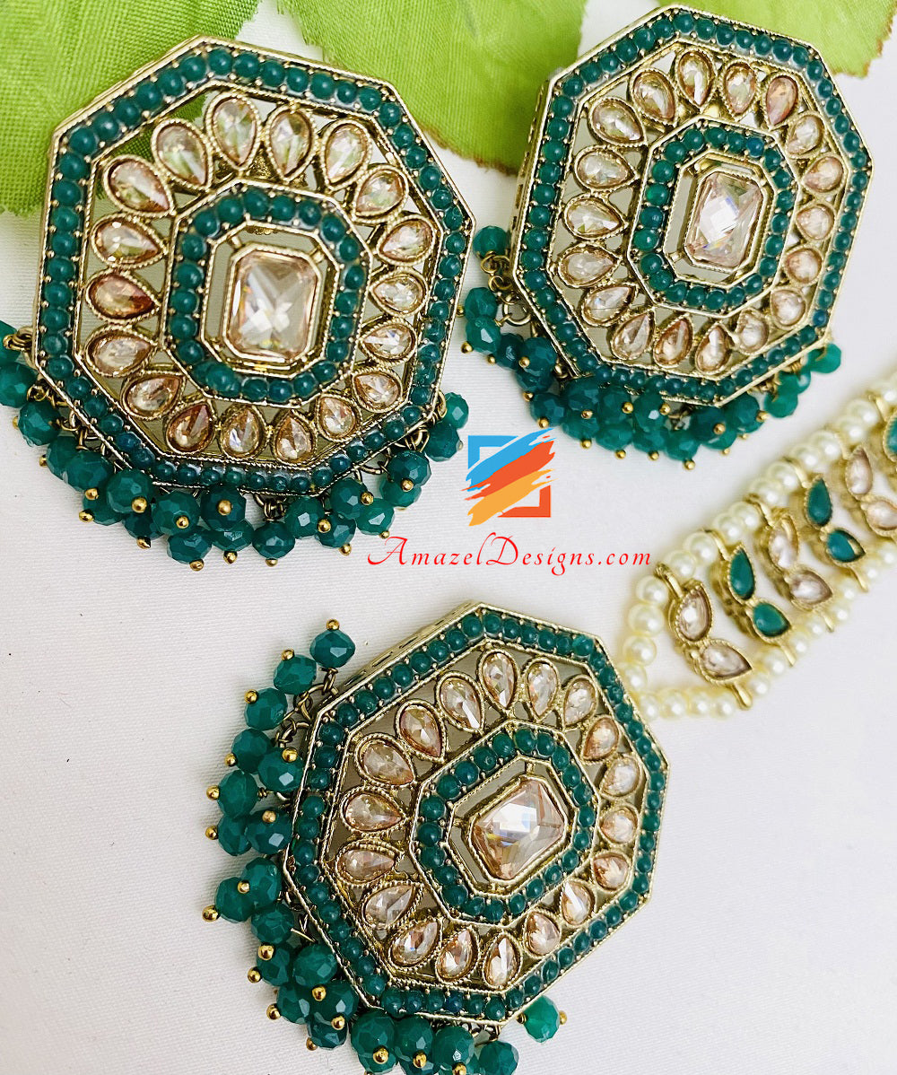 Emerald Green Polki Lightweight Studs Earrings Tikka Set