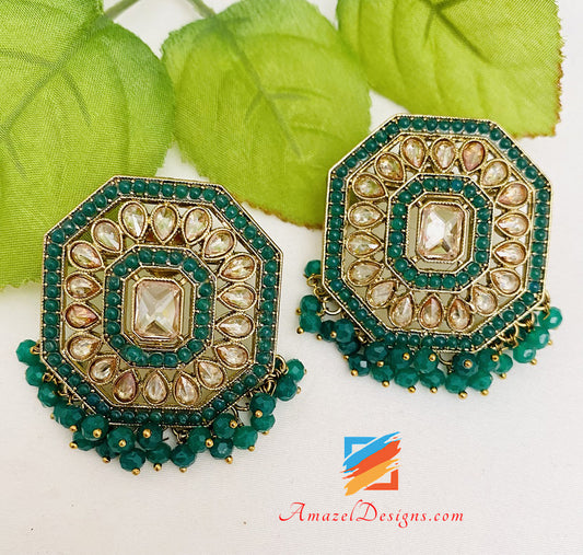 Emerald Green Polki Lightweight Studs Earrings Tikka Set