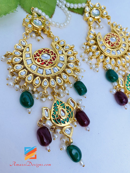 Emerald Green Ruby Maroon Kundan Chandbali Earrings Tikka Set