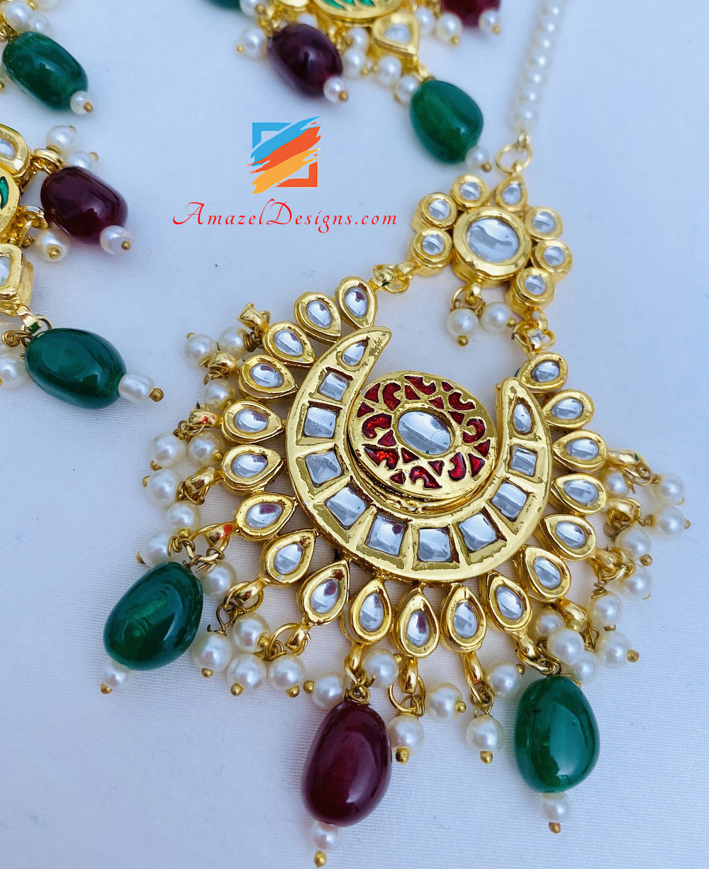 Emerald Green Ruby Maroon Kundan Chandbali Earrings Tikka Set