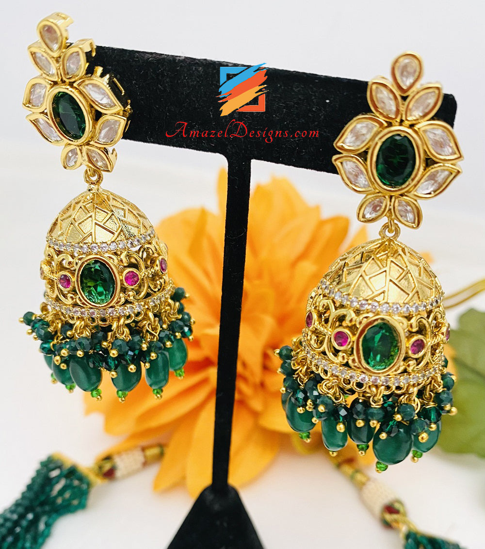 Emerald Green Statement High Quality Kundan Choker Necklace Jhumki Set