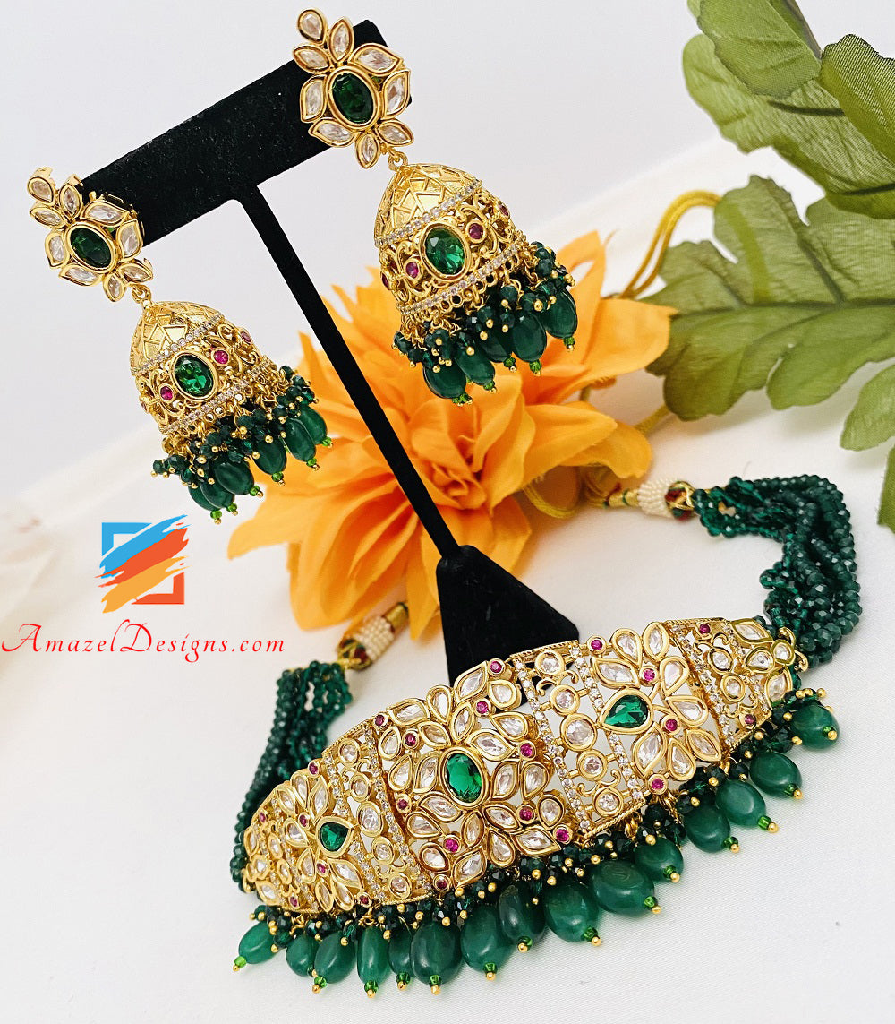 Emerald Green Statement High Quality Kundan Choker Necklace Jhumki Set