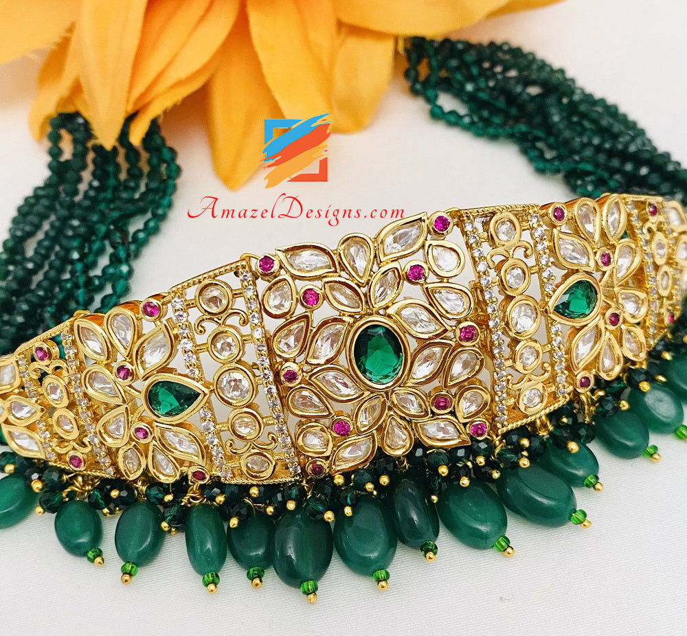 Emerald Green Statement High Quality Kundan Choker Necklace Jhumki Set