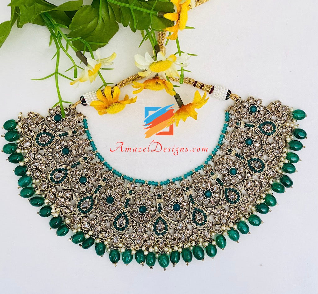 Emerald (Green) Polki Necklace Choker Earrings Tikka Nath and Jhoomer Set