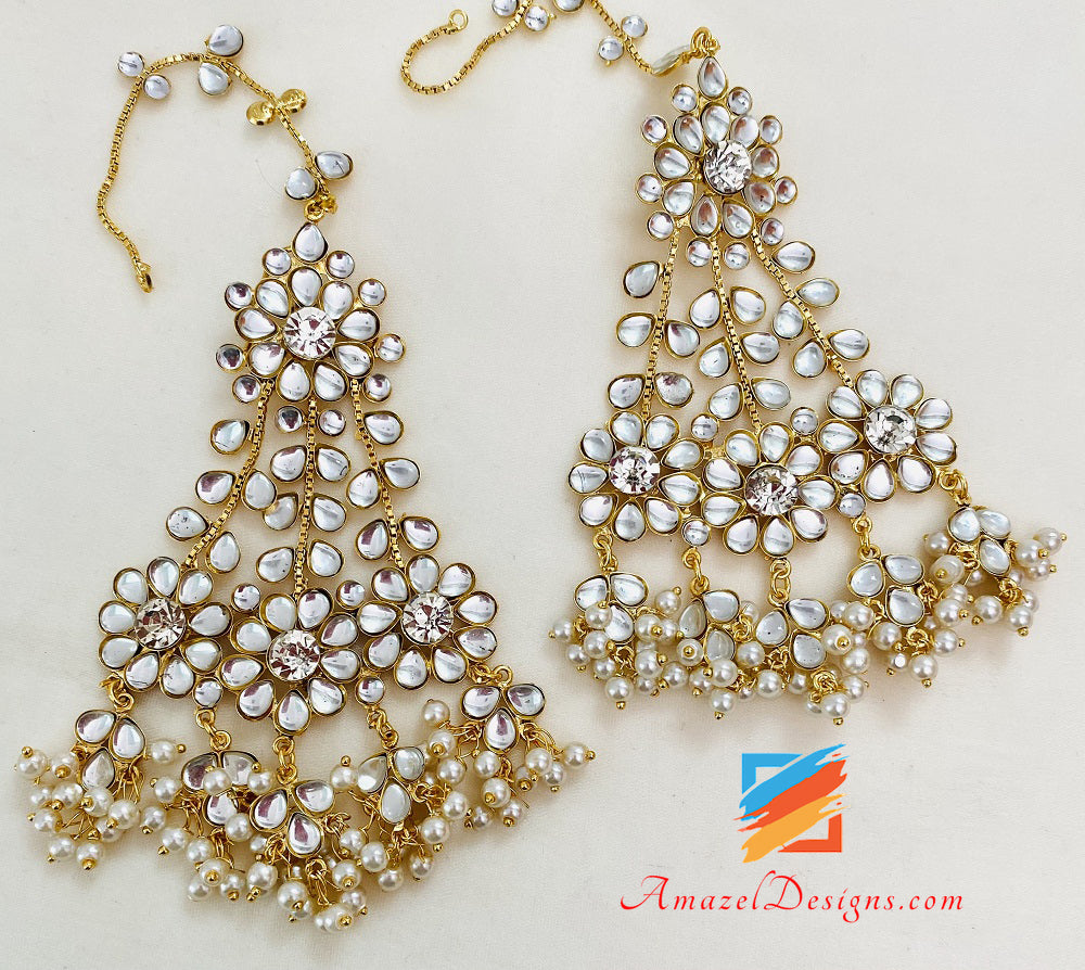 Orecchini girocollo in cristallo Kundan dorato estremamente leggero Set Tikka Jhoomer