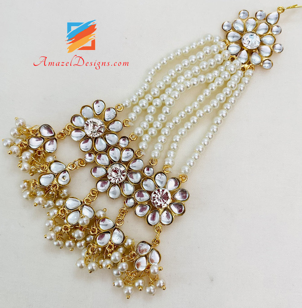 Orecchini girocollo in cristallo Kundan dorato estremamente leggero Set Tikka Jhoomer