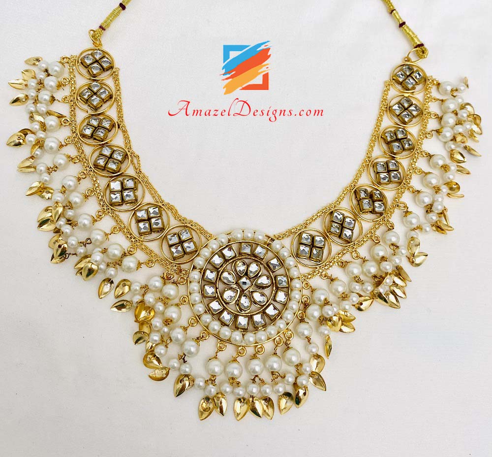 Extremely Lightweight Kundan Golden Pippal Patti Necklace Earrings Tikka Set