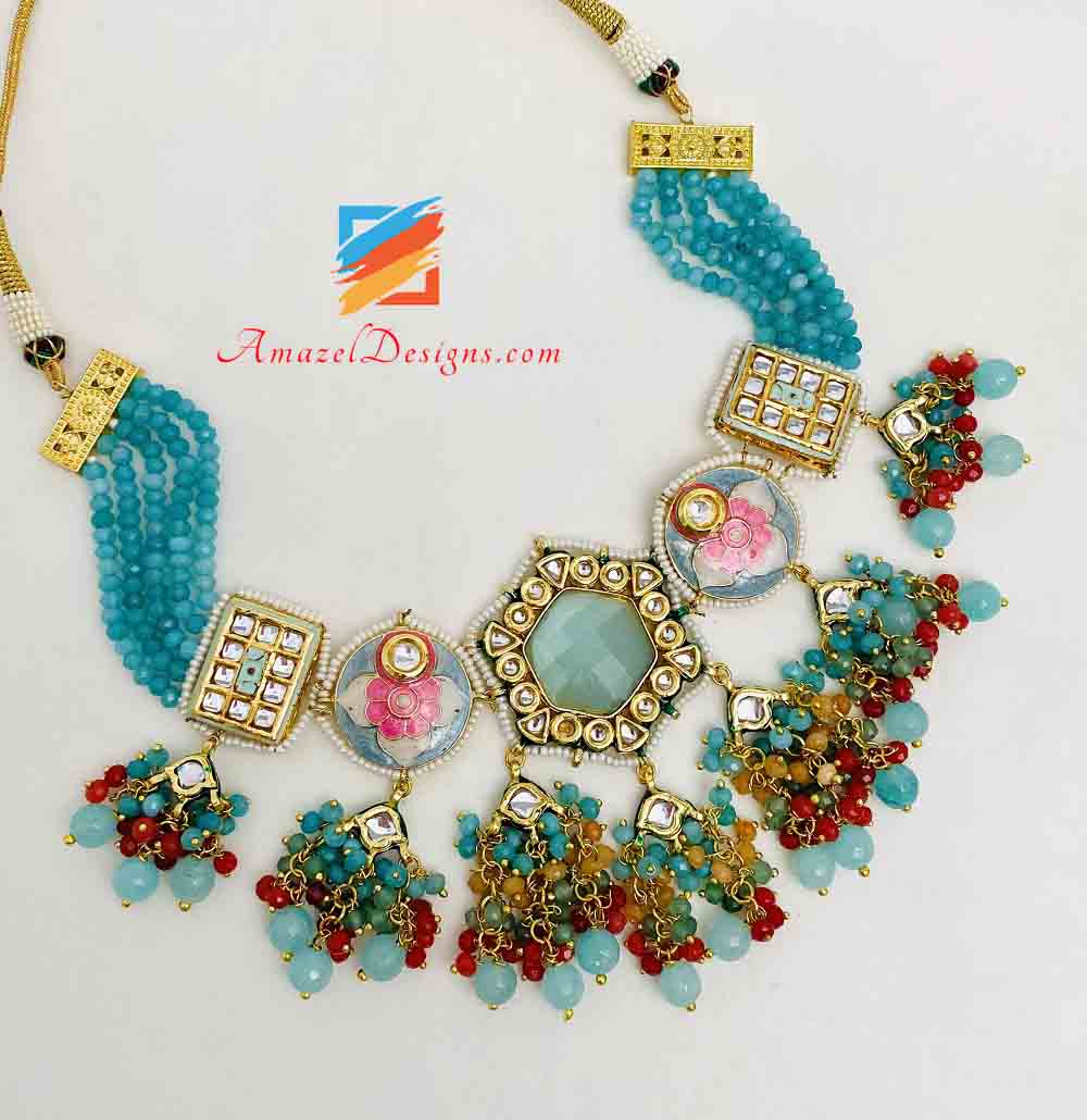 Feeroza Hand painted Meenakari Necklace Earrings Set