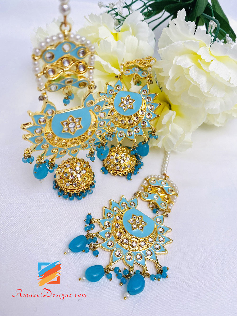 Feerozi Light Blue Kundan Chandbali Jhumki Earrings Tikka Set