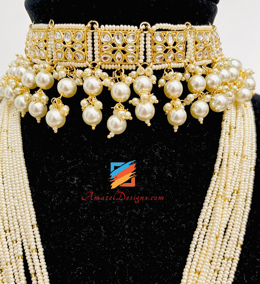 Fine perline leggero flessibile dorato Kundan lungo Mala Rani Haar con choker Jhumki orecchini Tikka set