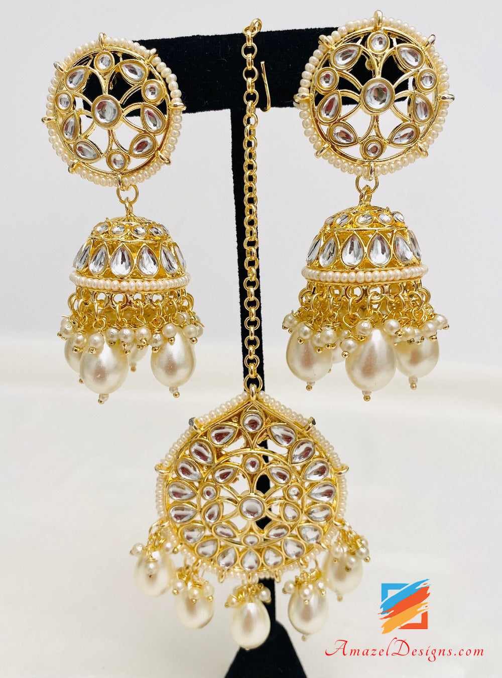 Fine perline leggero flessibile dorato Kundan lungo Mala Rani Haar con choker Jhumki orecchini Tikka set