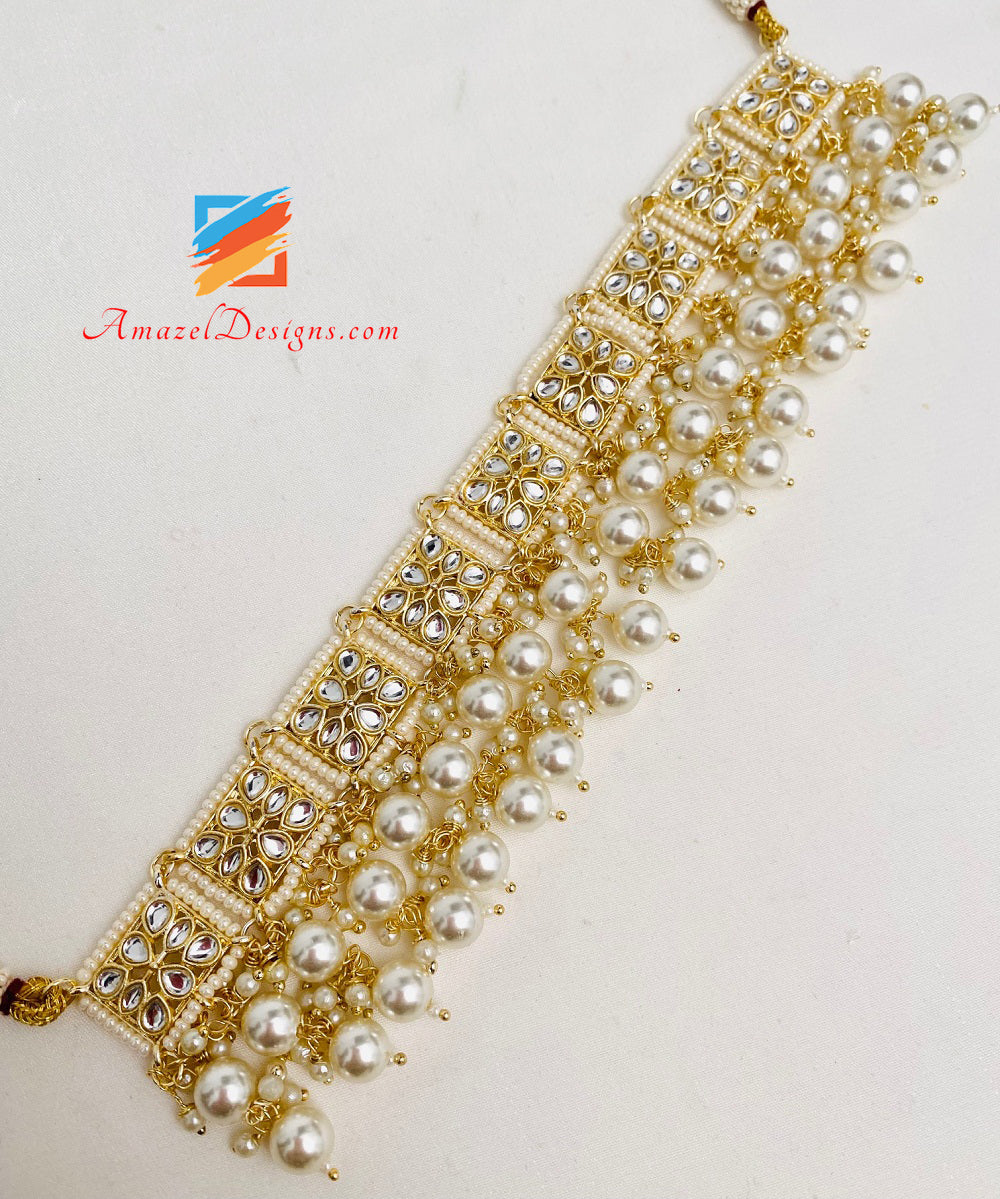Fine perline leggero flessibile dorato Kundan lungo Mala Rani Haar con choker Jhumki orecchini Tikka set