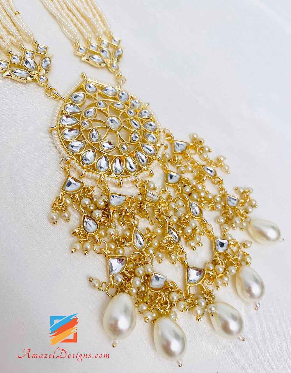 Fine perline leggero flessibile dorato Kundan lungo Mala Rani Haar con choker Jhumki orecchini Tikka set