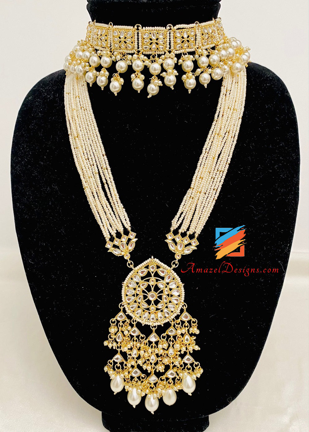 Fine perline leggero flessibile dorato Kundan lungo Mala Rani Haar con choker Jhumki orecchini Tikka set