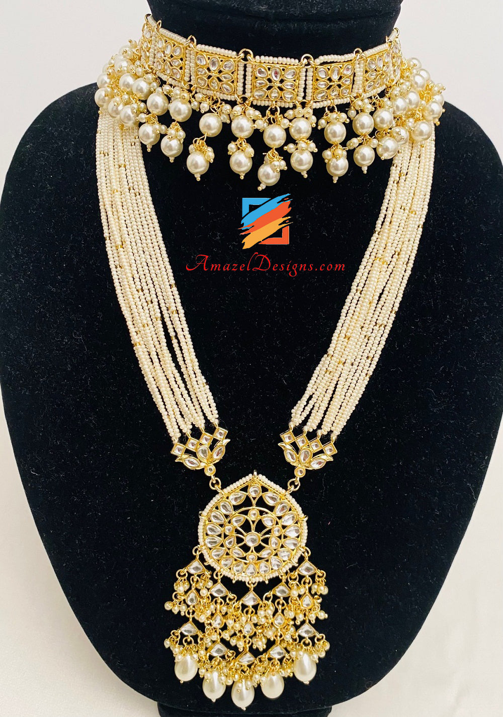 Fine perline leggero flessibile dorato Kundan lungo Mala Rani Haar con choker Jhumki orecchini Tikka set