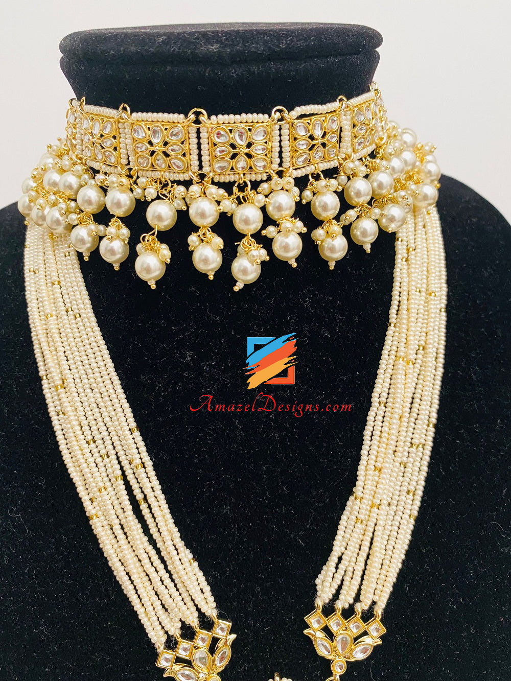 Fine perline leggero flessibile dorato Kundan lungo Mala Rani Haar con choker Jhumki orecchini Tikka set