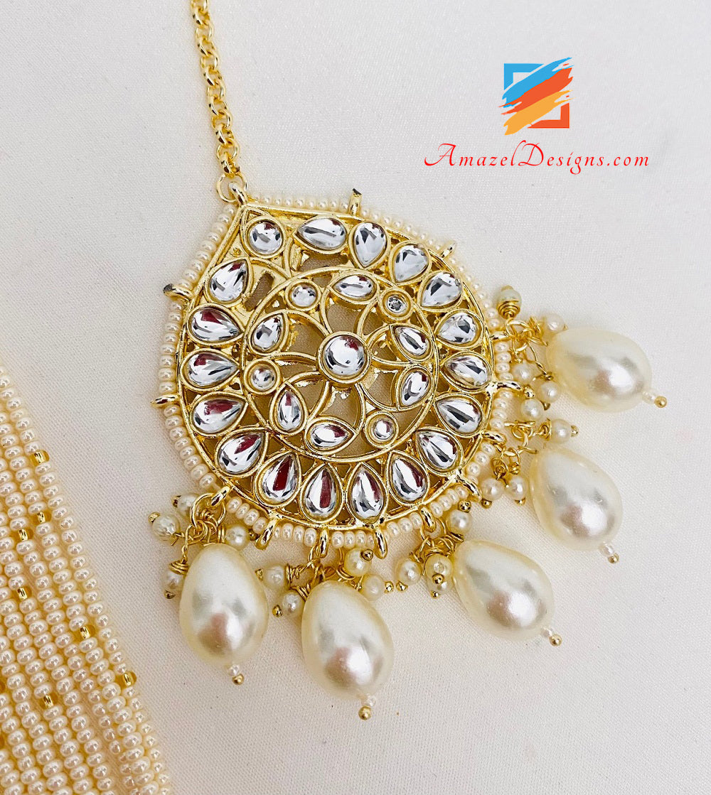 Fine perline leggero flessibile dorato Kundan lungo Mala Rani Haar con choker Jhumki orecchini Tikka set
