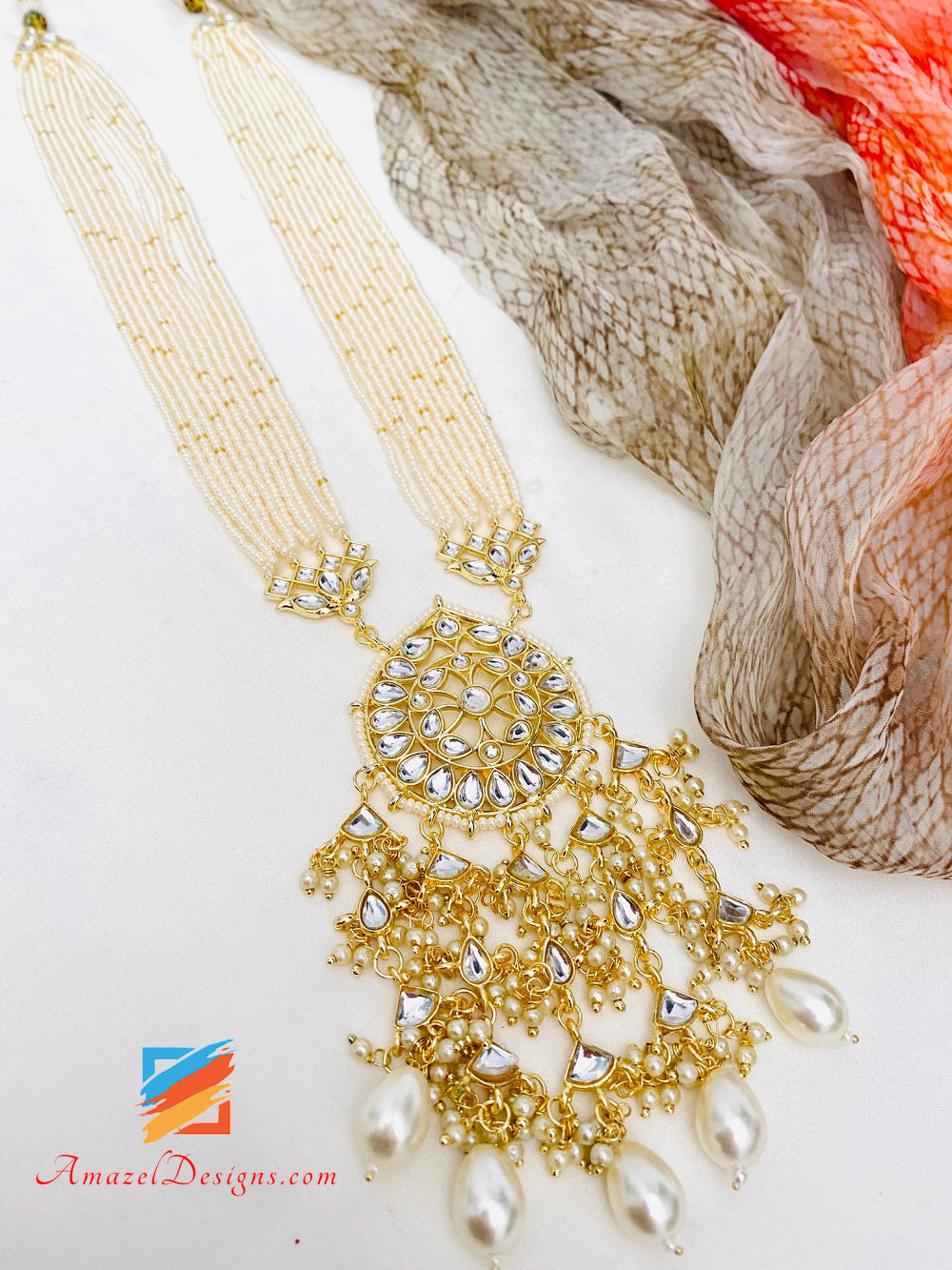 Fine perline leggero flessibile dorato Kundan lungo Mala Rani Haar con choker Jhumki orecchini Tikka set