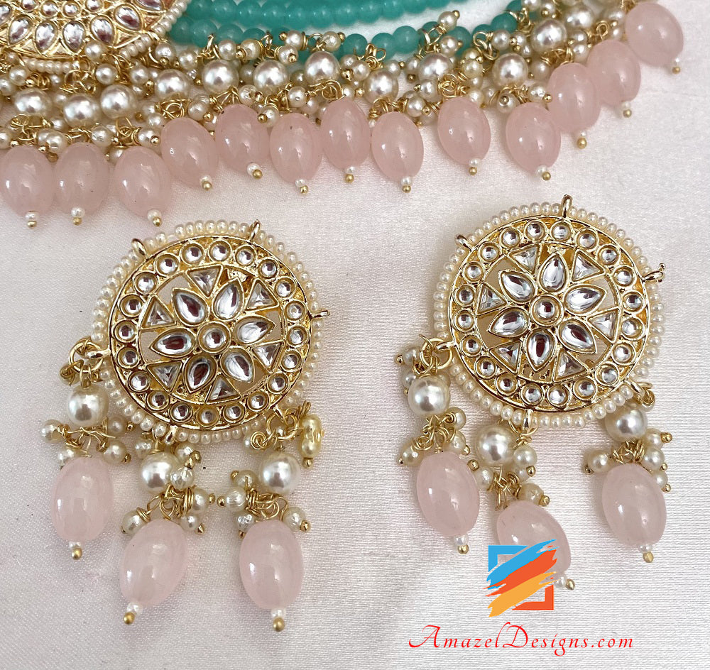 Flexible Kundan Baby Pink Green Choker Necklace Studs Earrings Tikka Set