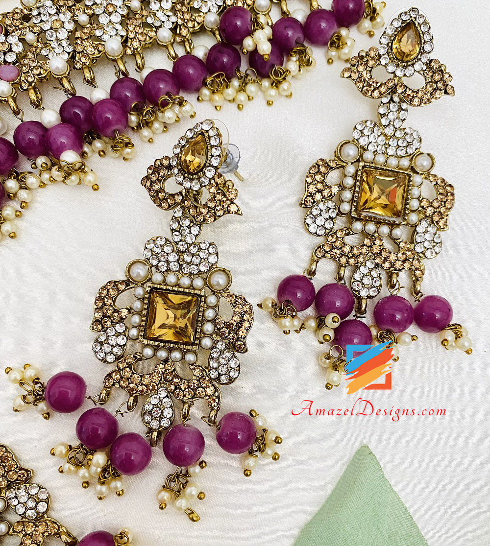 Flexible Purple Stone Choker Earrings Tikka Passa Jhumer Set