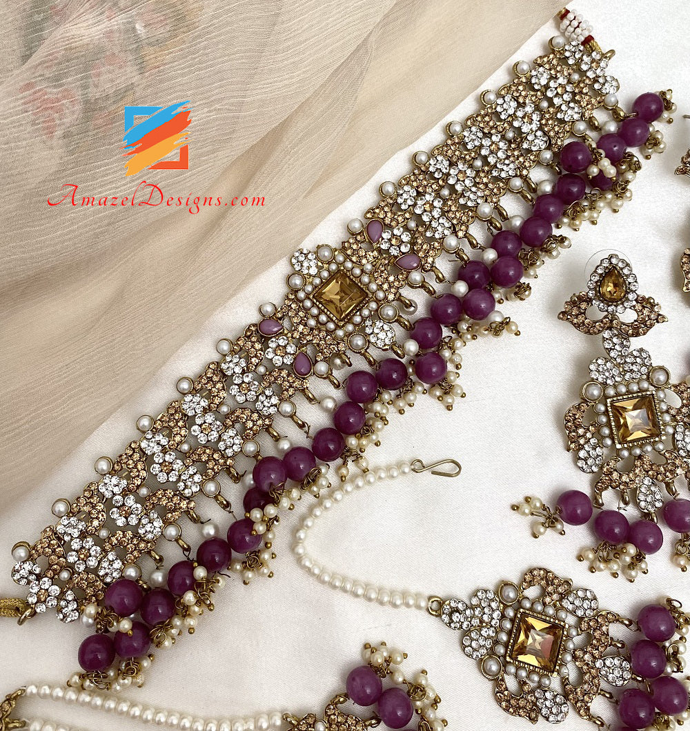 Flexible Purple Stone Choker Earrings Tikka Passa Jhumer Set
