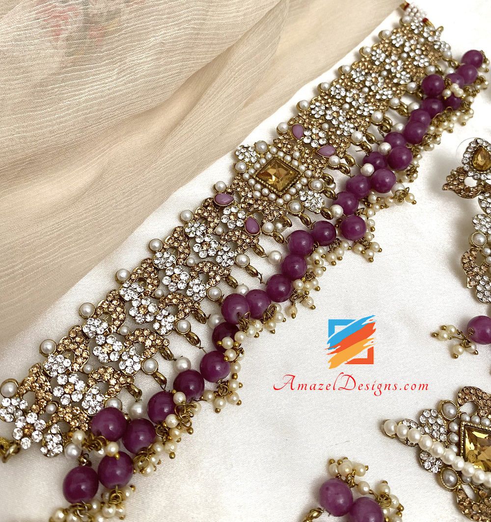 Flexible Purple Stone Choker Earrings Tikka Passa Jhumer Set
