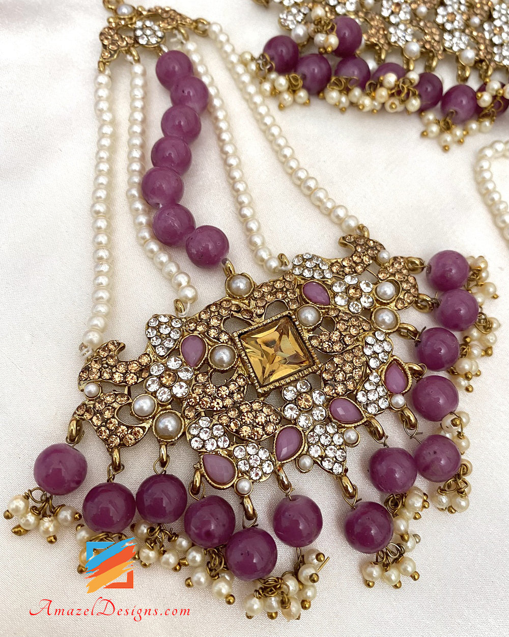 Flexible Purple Stone Choker Earrings Tikka Passa Jhumer Set