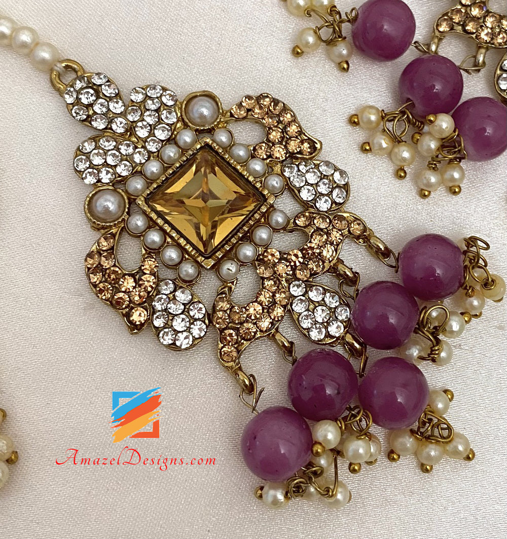 Flexible Purple Stone Choker Earrings Tikka Passa Jhumer Set