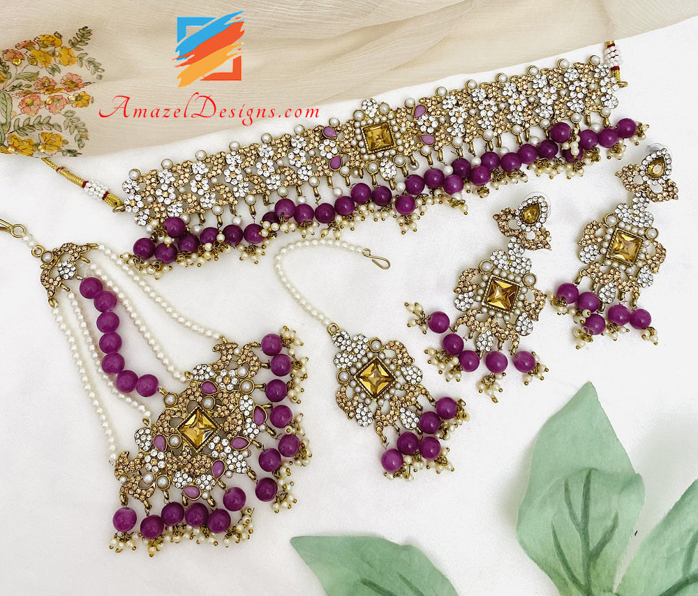 Flexible Purple Stone Choker Earrings Tikka Passa Jhumer Set