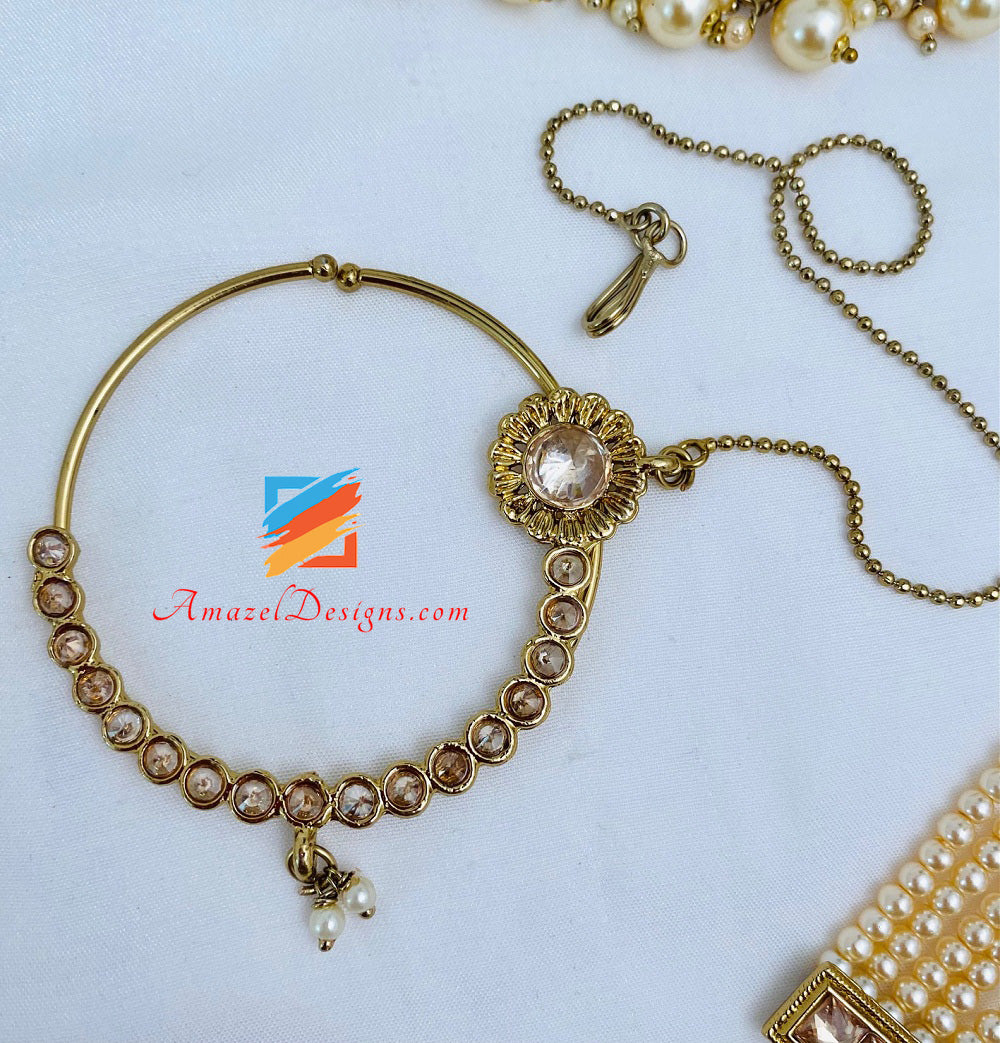 Collana da sposa dorata Polki Set lungo Rani Haar Matha Patti Hand Piece Nath Bajubaand