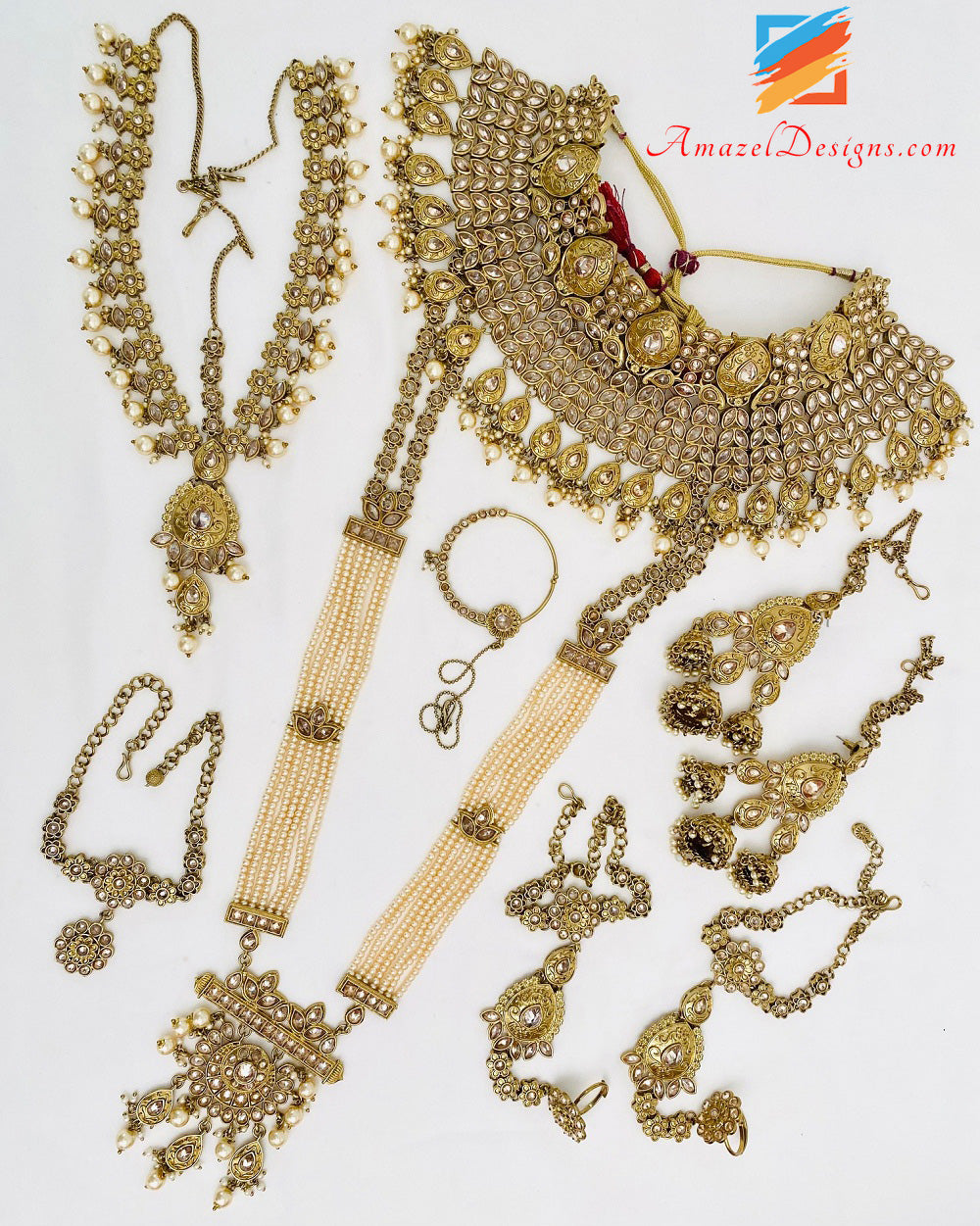 Collana da sposa dorata Polki Set lungo Rani Haar Matha Patti Hand Piece Nath Bajubaand