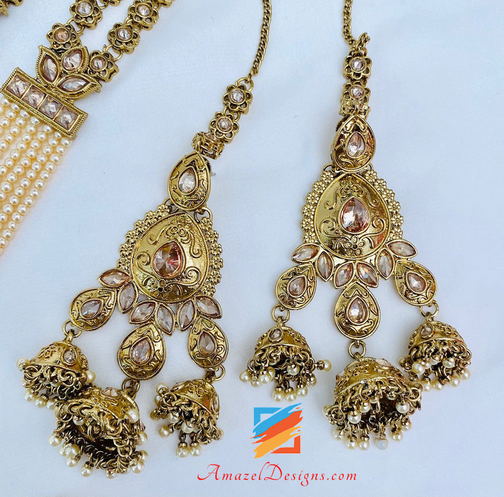 Collana da sposa dorata Polki Set lungo Rani Haar Matha Patti Hand Piece Nath Bajubaand