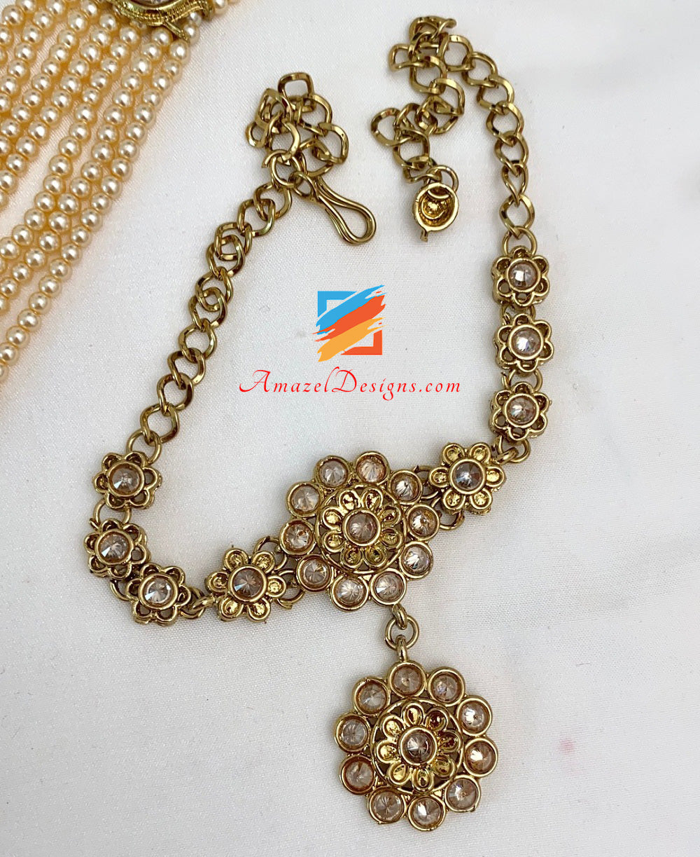 Collana da sposa dorata Polki Set lungo Rani Haar Matha Patti Hand Piece Nath Bajubaand