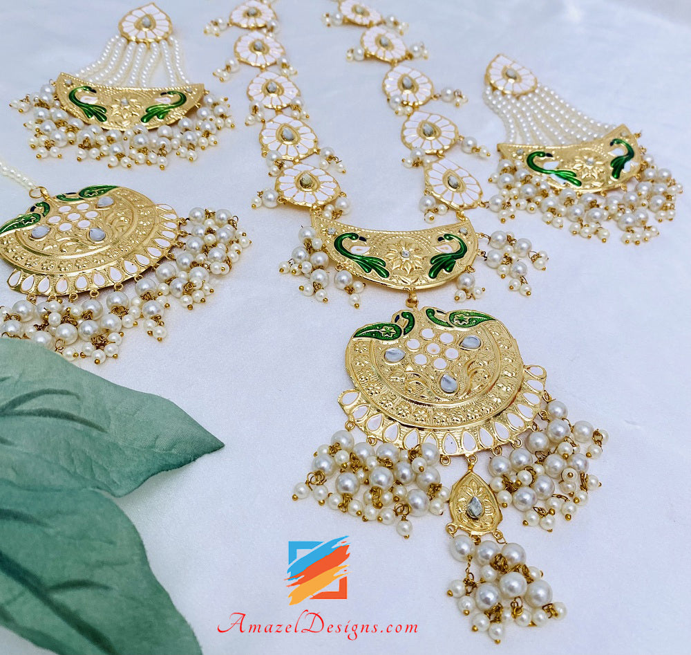 Golden Extremely Lightweight Kundan Meenakari Morni Long Haar Earrings Tikka Set