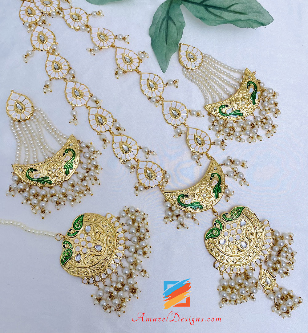 Golden Extremely Lightweight Kundan Meenakari Morni Long Haar Earrings Tikka Set
