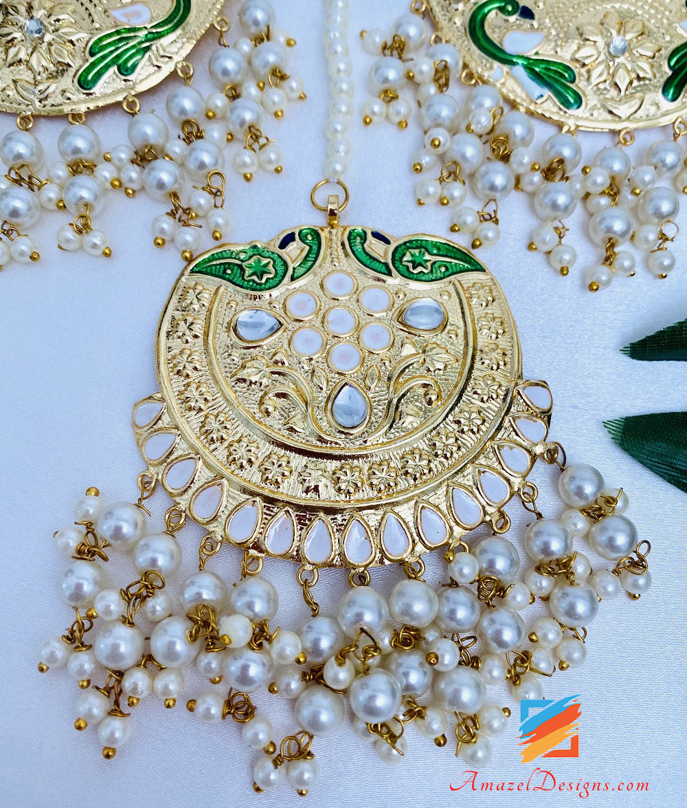 Golden Extremely Lightweight Kundan Meenakari Morni Long Haar Earrings Tikka Set
