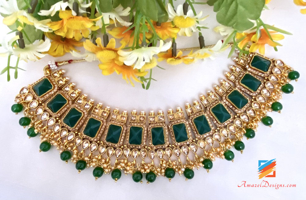 Golden Green Polki Necklace Earrings Tikka Set