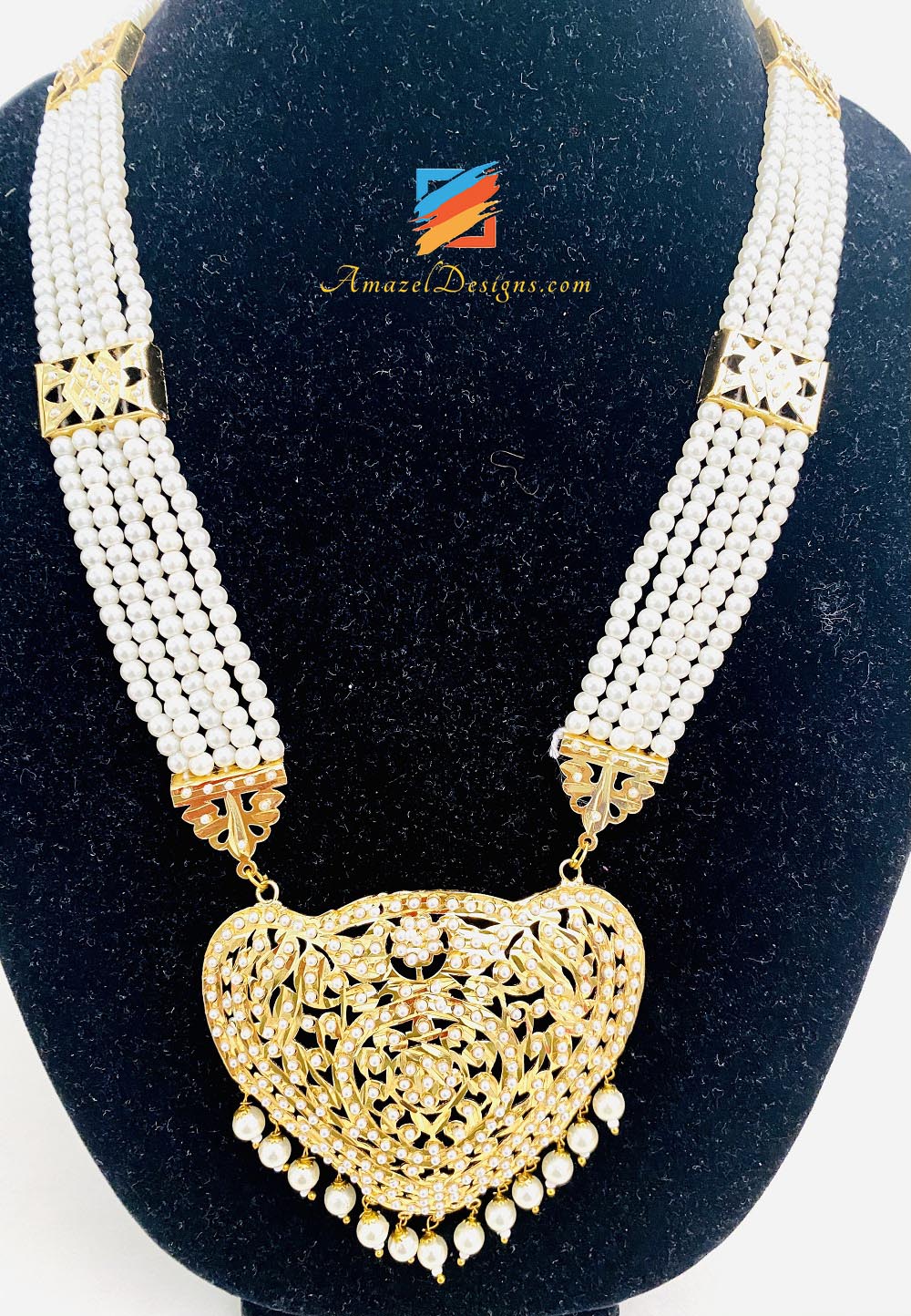 Golden Jadau Lightweight Long Mala Necklace Earrings Tikka Set
