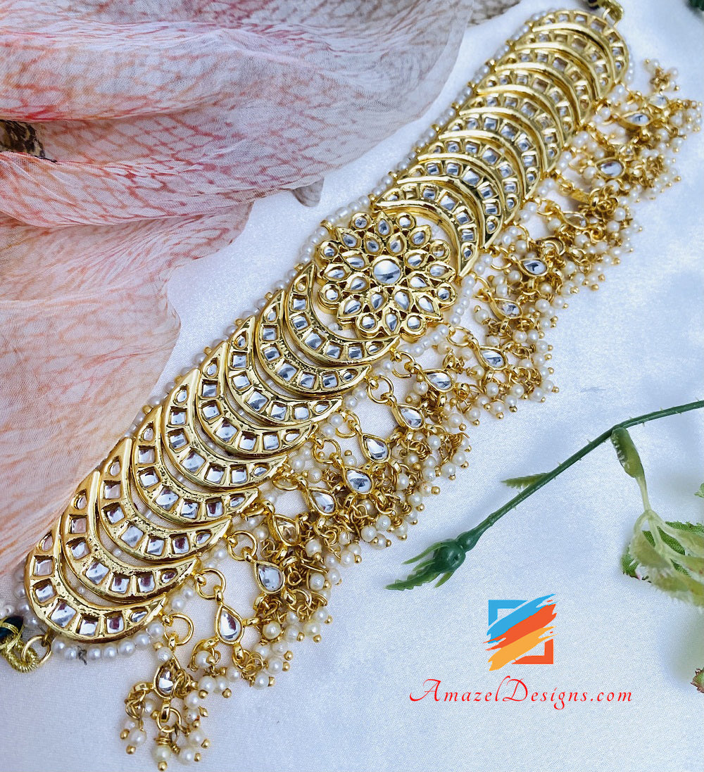 Golden Kundan Choker Necklace Earrings Tikka Set