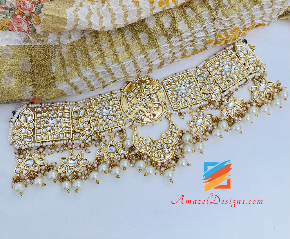 Golden Kundan Choker With Earrings Tikka Set