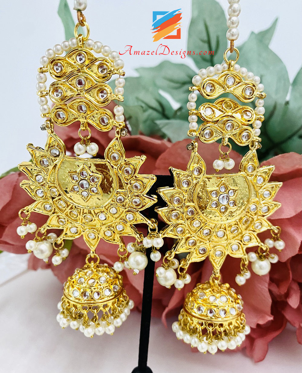 Golden Kundan Jhumki Earrings Tikka Set With Sahara