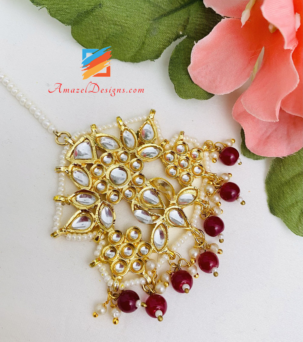 Golden Kundan Maroon Ruby Lightweight Jhumka Orecchini Set Tikka