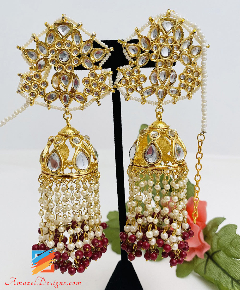 Golden Kundan Maroon Ruby Lightweight Jhumka Orecchini Set Tikka