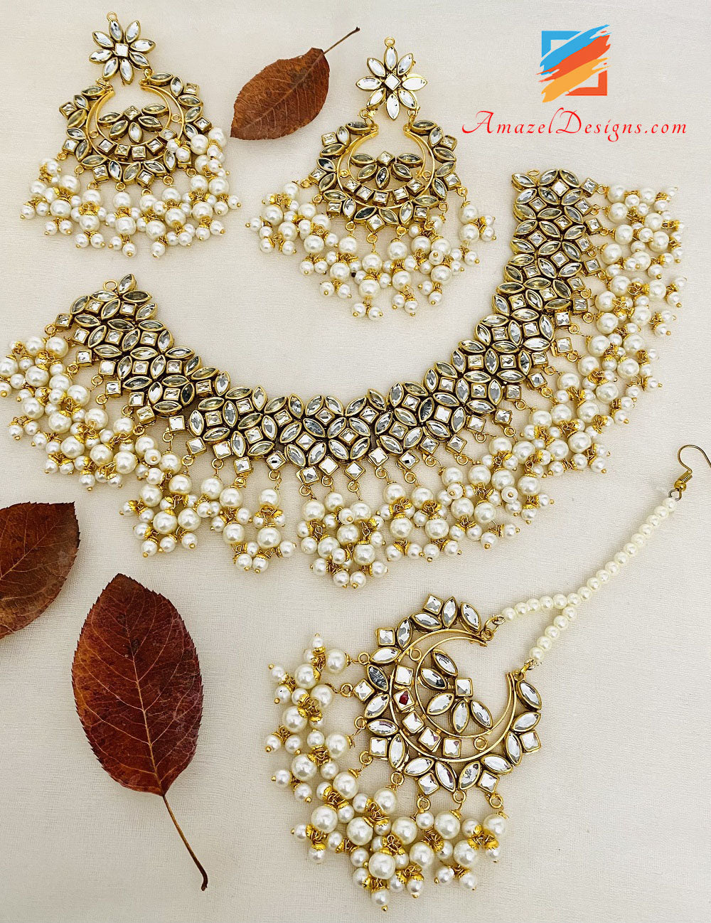 Golden Kundan Necklace Lightweight Earrings Tikka Set