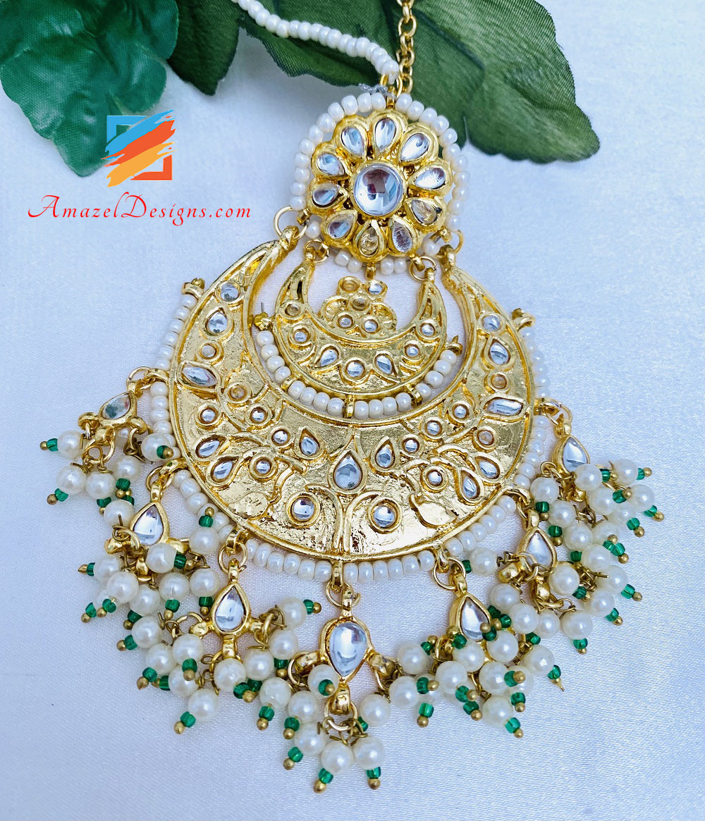 Golden Kundan Oversize Orecchini Tikka Set Tocco Di Verde