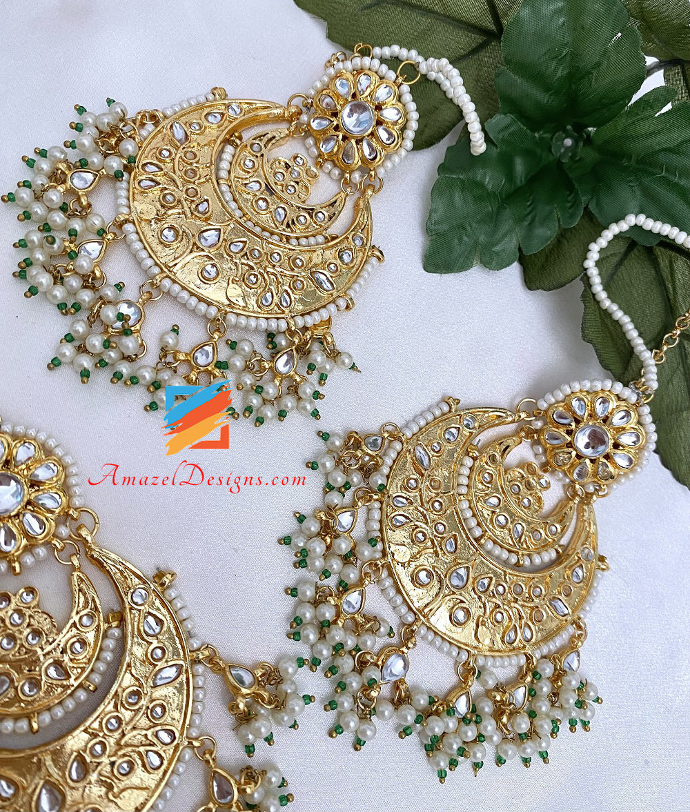 Golden Kundan Oversize Orecchini Tikka Set Tocco Di Verde